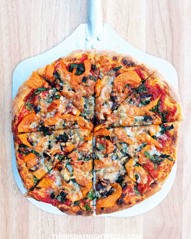 Pumpkin and Kale Pizza with manchego cheese and marinara sauce