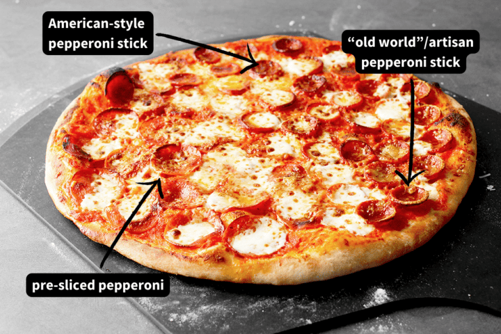 different pepperoni types on baking stone pizza