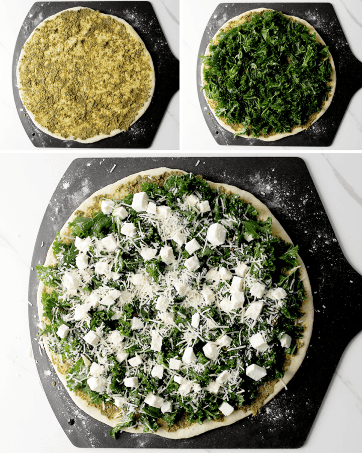 crispy kale and pesto pizza topping process