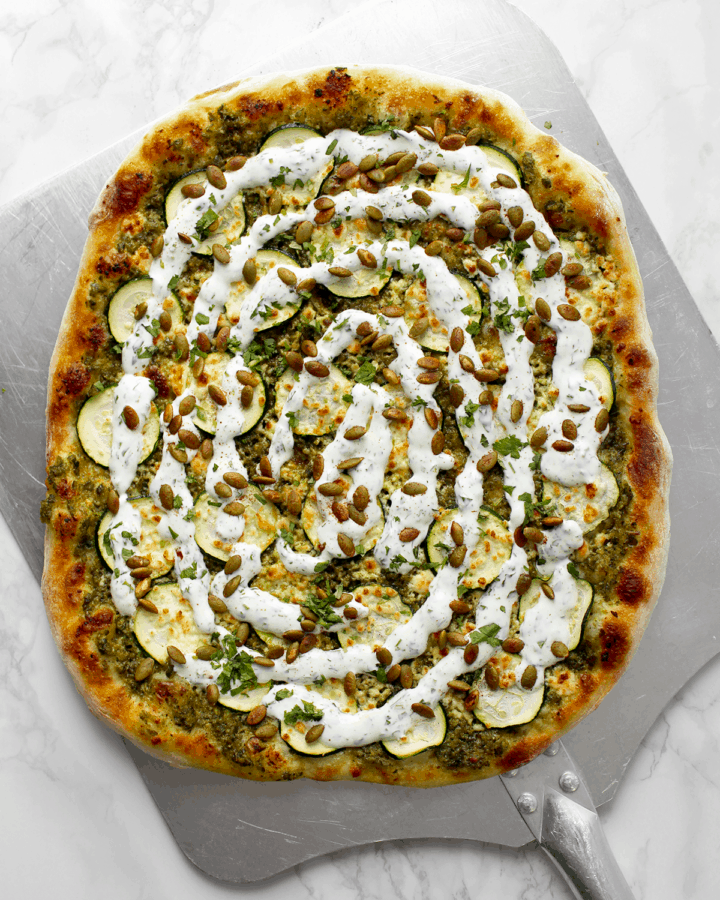 Poblano Pesto Pizza with Cilantro-Lime Crema