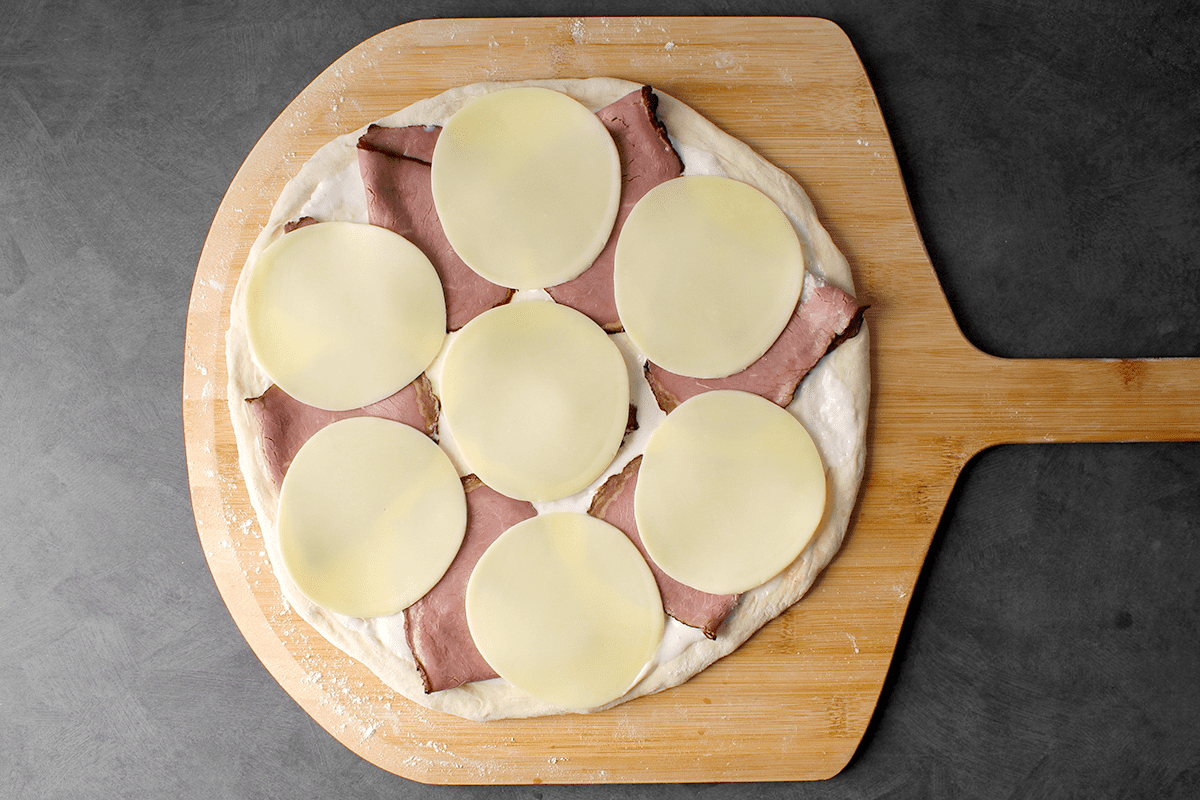 French dip pizza, before baking