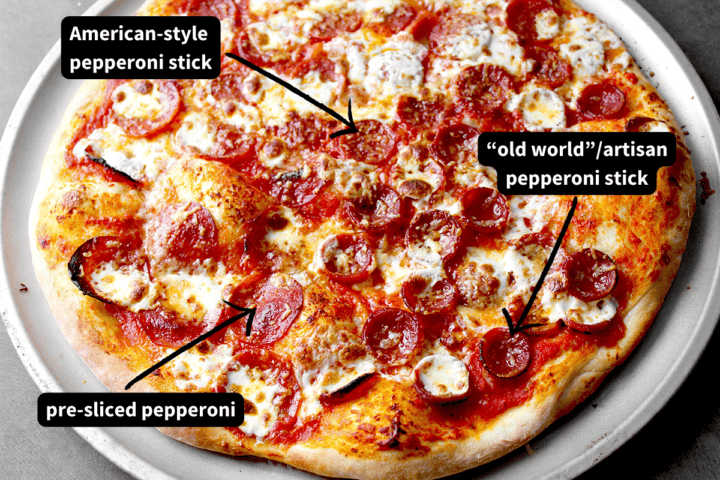 different pepperoni types on pan pizza