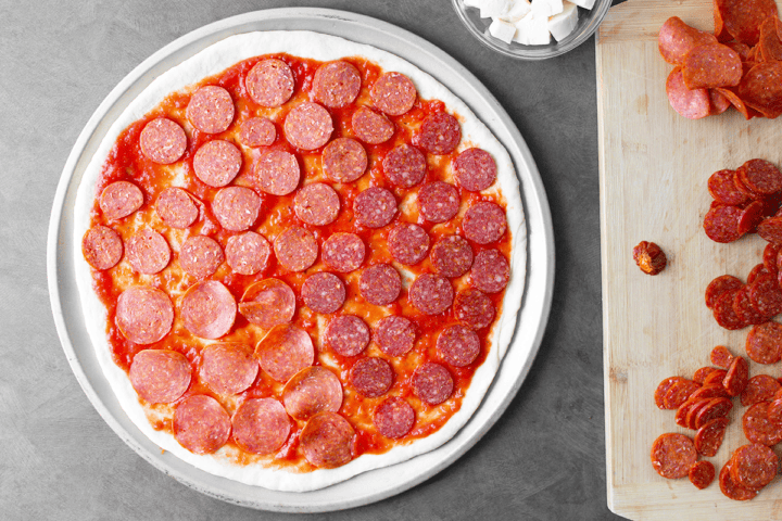 pan pepperoni pizza process, step 1