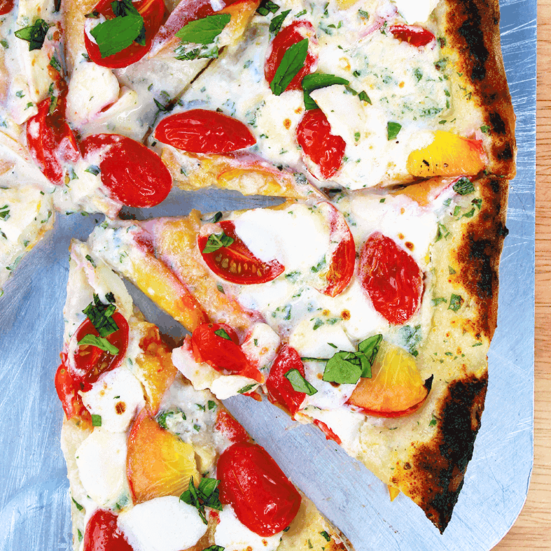 summer pizza recipe: peach and tomato white pizza