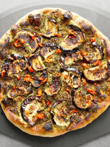 Thursday Night Pizza's Vegan Pesto and Eggplant Pizza, finished on peel