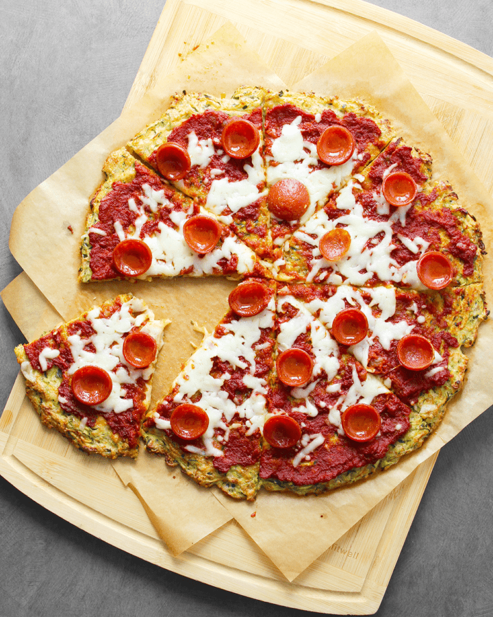 summer squash zucchini pizza crust, cut